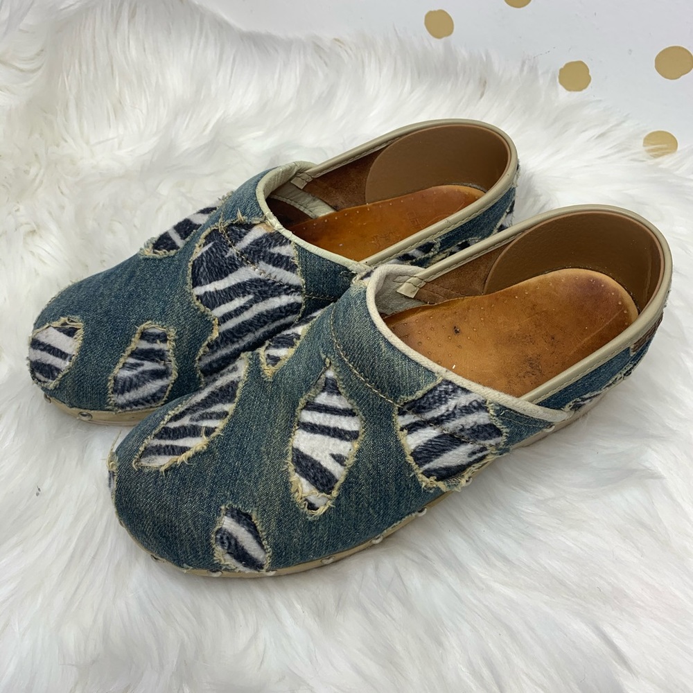 Dansko Denim Distressed Zebra Print Studded Clogs Size 39
